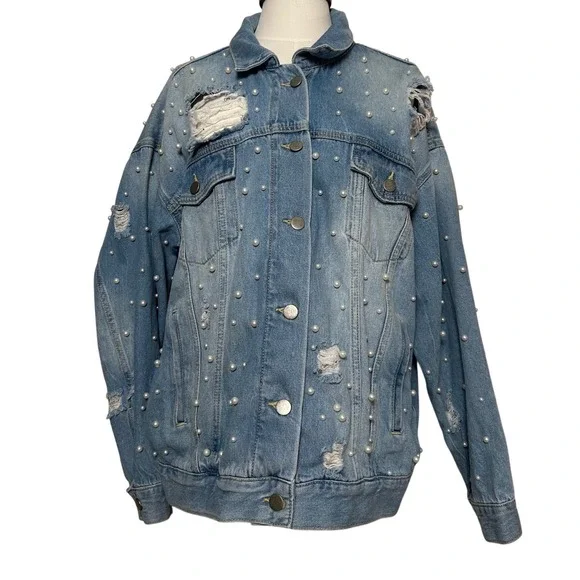 Oversized‎ Free People Sunday Funday Pearl Jean Denim Distressed Jacket L Cotton - Picture 2 of 8